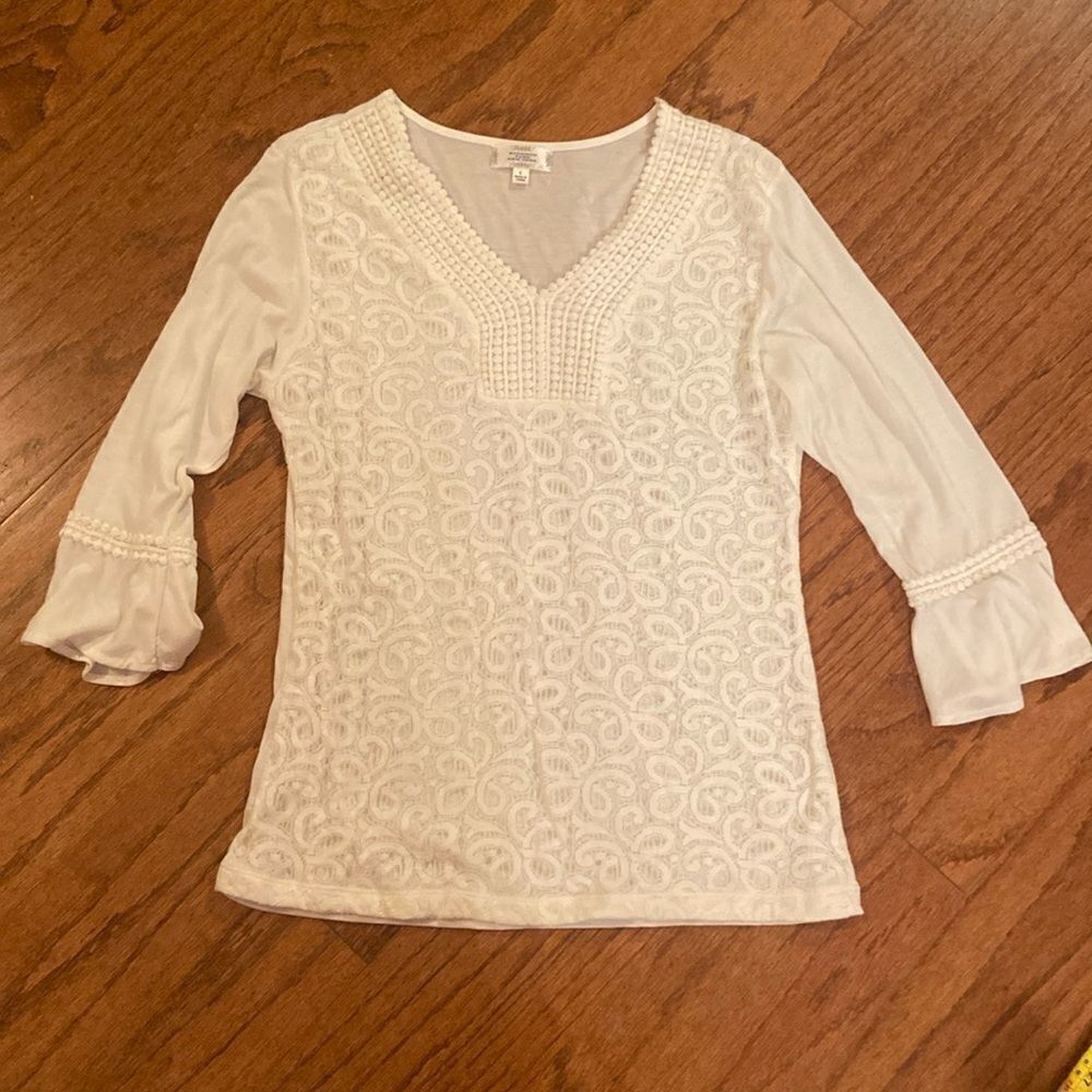 Shannon Ford, New York size large white top with a lace overlay on the front